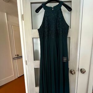 Forest Green LuLus Gown. High lace neck. High leg slit.